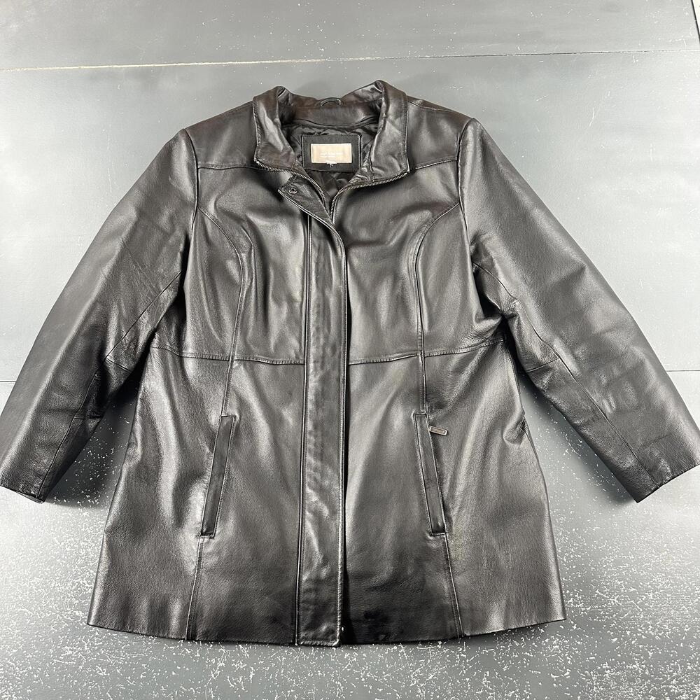 Croft Barrow Leather Jacket Women 1X Black Quilt Lined Heavy Long A-Line Winter